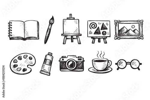 Hand-drawn doodle icons illustrating artistic, creative, and hobby tools like paint, camera, and coffee, isolated on a white background. Ideal for design projects, education, and inspiration.