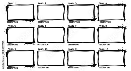 Storyboard template with twelve grunge hand drawn ink frames for film pre-production or animation. A black and white vector illustration for video planning, comics and sequential art.