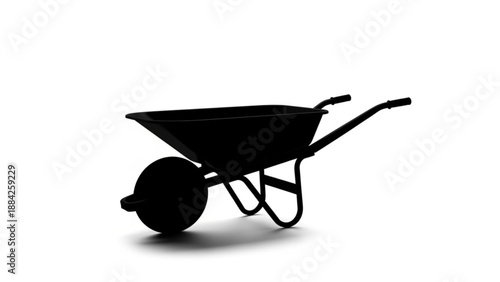 A single wheelbarrow is viewed from the side with its handles extended and wheel on the ground.