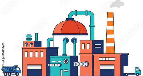 Industrial factory illustration with pipelines, smokestack, machinery buildings, manufacturing process, energy production concept, modern flat vector design