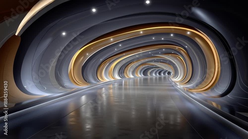 A sleek, modern tunnel with dynamic curves and warm, ambient lighting in gold and silver hues. the futuristic architecture and smooth lines offer a sense of motion and innovation, ideal for design and