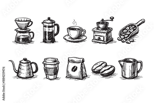 This hand-drawn collection showcases essential coffee tools, including pour-over, French press, grinder, and cups, rendered in a vintage black and white sketch style for cafe branding or web use.