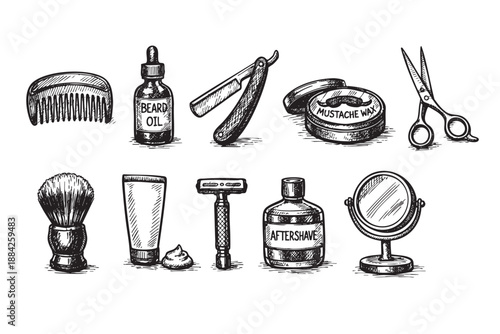 This hand-drawn vintage illustration showcases classic barber and male grooming essentials: razors, beard oil, aftershave, brush, and mirror, in black and white on a clean white background.
