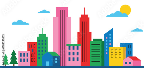 Colorful modern city skyline illustration with skyscrapers, residential buildings, trees, sunny weather, urban life concept, flat vector design