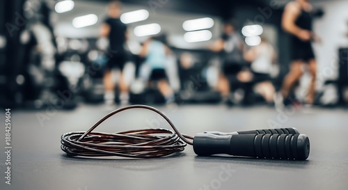 Jump rope lies coiled on a gym floor with people exercising in the background creating a dynamic fitness scene.