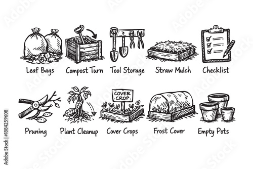 A detailed collection of hand-drawn black and white icons depicting essential gardening tasks and tools like composting, pruning, and plant care, ideal for web, print, and educational materials.