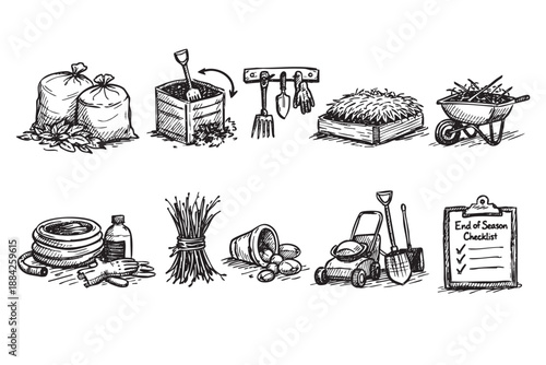 This black and white hand-drawn illustration features a collection of essential gardening and yard work tools, perfect for seasonal clean-up tasks and maintenance checklists.
