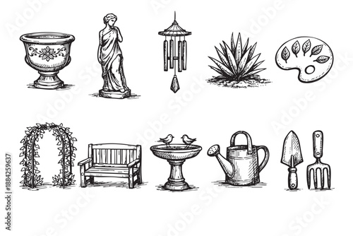 A detailed hand-drawn black and white sketch featuring a diverse collection of garden elements, tools, and decorative items, evoking a vintage and rustic feel, perfect for nature-themed designs.