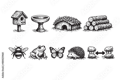 A detailed hand-drawn black and white illustration set showcasing garden wildlife habitats and elements like a birdhouse, birdbath, logs, bee, frog, butterfly, and hedgehog.