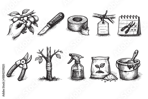 A detailed collection of hand-drawn black and white icons illustrating essential garden tree care, grafting, pruning, watering, and pest control methods.