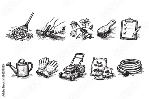 This comprehensive set features hand-drawn black and white sketch icons of essential gardening tools and activities, perfect for horticultural, outdoor, and DIY projects.