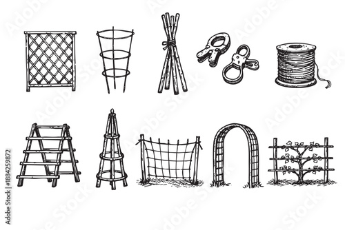 A comprehensive hand-drawn collection of essential gardening tools and plant supports, including trellises, stakes, and clips, rendered in a classic black and white sketch style for rustic or vintage 
