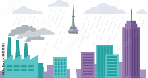 Rainy industrial city illustration with factories, skyscrapers, pollution clouds, urban skyline, climate change concept, modern flat vector design style