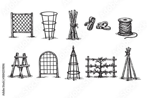 A comprehensive hand-drawn collection of essential gardening tools and plant supports, including trellises, stakes, and clips, rendered in a classic black and white sketch style for rustic or vintage 
