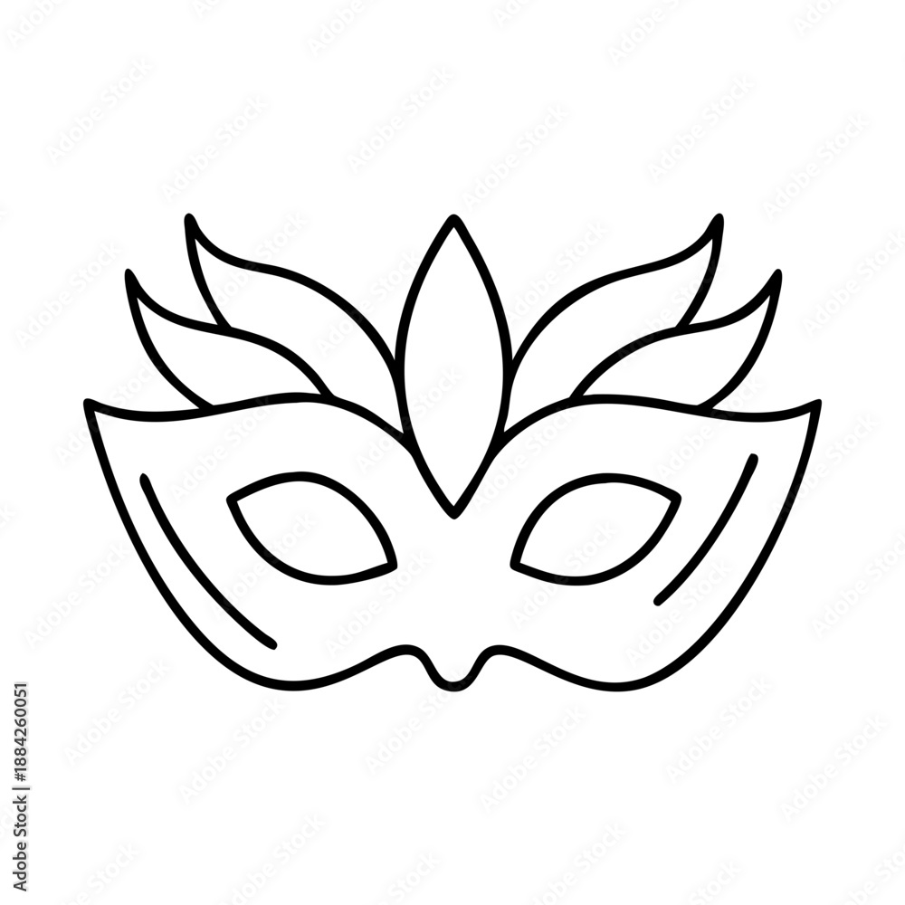 Obraz premium A black and white line drawing of a masquerade mask with leaf like decorations on top and a smiling curved shape