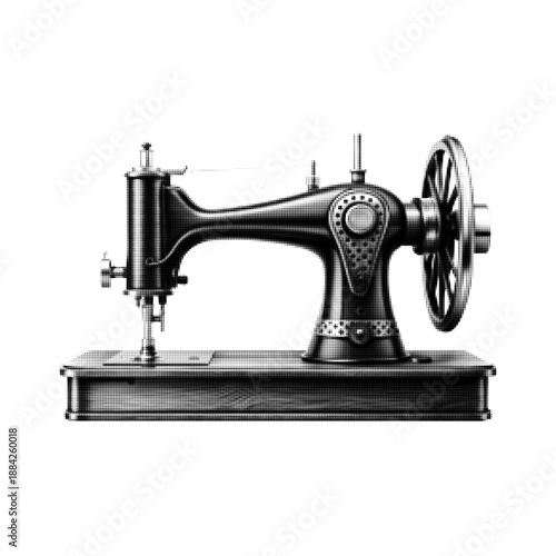 Monochrome halftone illustration of a vintage sewing machine isolated on white, symbol of tailoring, craftsmanship, handmade fashion, textile industry, and retro manufacturing design.