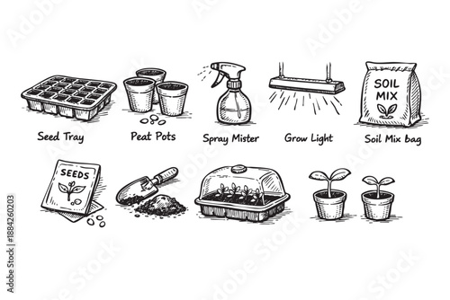 Black and white hand drawn seed starting equipment including seed tray, pots, seeds, soil, and grow light; ready for springtime gardening.