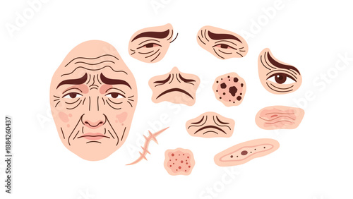 A digital illustration of a face and its various skin imperfections