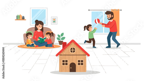 A family of four enjoys quality time together in a cozy living room with a house model