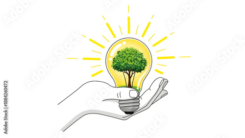 A hand holds a lightbulb with a tree inside and yellow rays emanating from it.