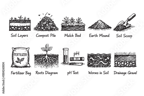 A comprehensive set of hand-drawn, black and white illustrations detailing essential gardening components and soil science elements, perfect for educational content or DIY guides.