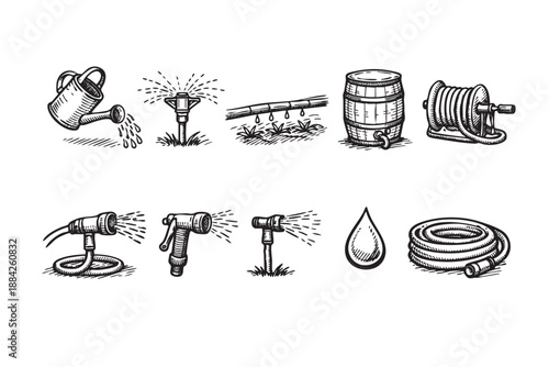 This detailed vector illustration features hand-drawn black and white icons for garden watering and irrigation systems, suitable for design projects and educational materials.