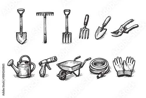 A comprehensive collection of essential gardening tools is meticulously hand-drawn in a charming sketch style, including shovels, rakes, and a watering can, isolated on a clean white background.