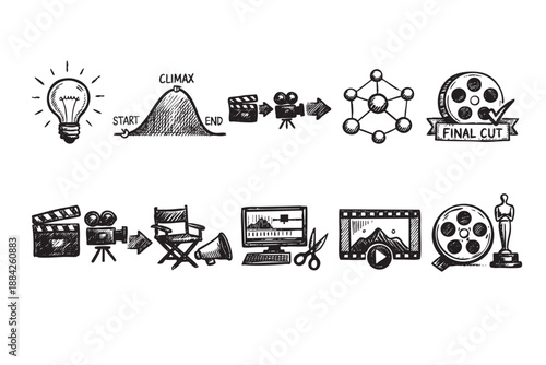Hand-drawn black and white doodle vector icons depicting the complete filmmaking production process, from concept to final cut and awards, ideal for creative and educational projects.