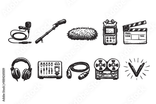 A curated collection of hand-drawn audio and film production equipment, showcasing microphones, clapperboards, recorders, and headphones in a vintage black and white sketch style.