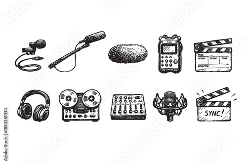A curated collection of hand-drawn audio and film production equipment, showcasing microphones, clapperboards, recorders, and headphones in a vintage black and white sketch style.