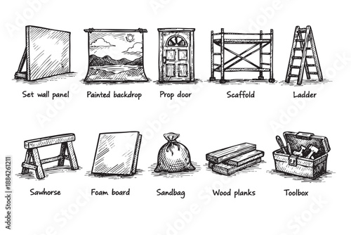 A black and white hand-drawn illustration showcases various essential stage set construction items and theatrical props like a scaffold, prop door, and wood planks, suitable for design resources.
