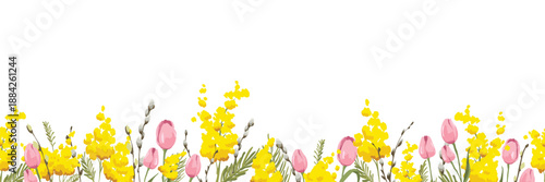 Border for Mothers Day or International women's day. Pink tulips and blooming mimosa. Vector illustration, seamless pattern, banner. Freehand author's drawing.