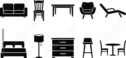 Home furniture silhouette icon set, sofa chair table bed lamp designs, modern interior elements, black furniture illustration isolated