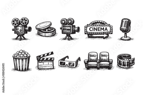 Hand-drawn collection of cinema elements: vintage film cameras, popcorn, clapperboard, glasses, theater seats. Black and white sketch style on white, ideal for film and entertainment projects.