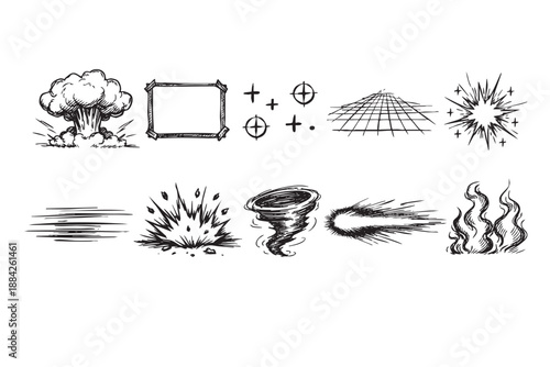 Hand-drawn black and white comic effect doodles, depicting explosions, fire, speed lines, and a tornado, perfect for adding dynamic, energetic visual impact to designs.
