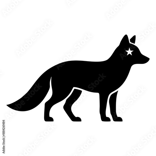 A silhouette of a wolf with a star symbol on its eye, illustrated in a minimalist style.