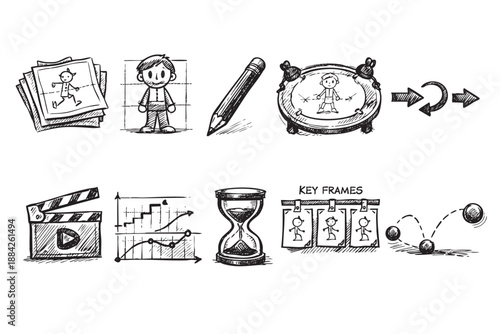 This hand-drawn collection of black and white doodle icons illustrates animation and film production workflow, encompassing storyboards, keyframes, timing, and project planning in a creative style.