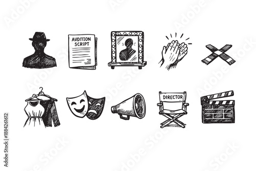 A sketchy black and white illustration of stage and movie production elements, perfect for themes related to theater, film, auditions, and performing arts.