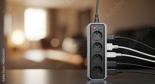 Modern power strip with multiple outlets and cables plugged in, providing convenient power distribution for various electronic devices in home or office settings efficiently and safely.