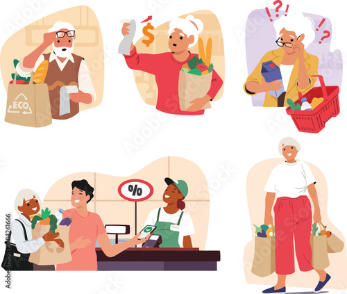 Elderly People Shopping and Managing Expenses Illustration Set, Senior Citizens Buying Groceries and Using Mobile Payments