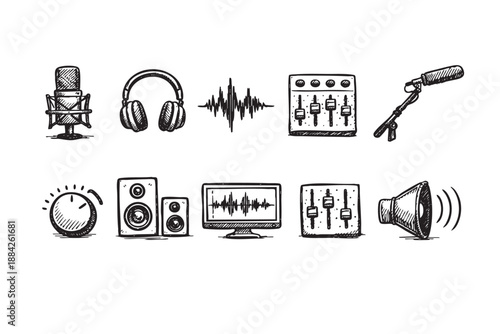 A collection of black and white hand-drawn doodle icons depicts various audio equipment and sound engineering tools, perfect for music production, podcasting, and studio-related design projects.