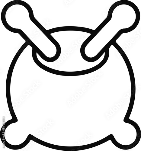 Simple cauldron icon with crossed bones, Minimal black outline icon showing a cauldron with bones, symbolizing poison, witchcraft, danger, or spooky Halloween concepts.

