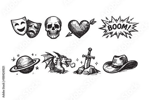 This versatile vector set showcases diverse hand-drawn black and white sketch icons like masks, a skull, heart, planet, and dragon, perfect for fantasy, drama, and adventure themes.