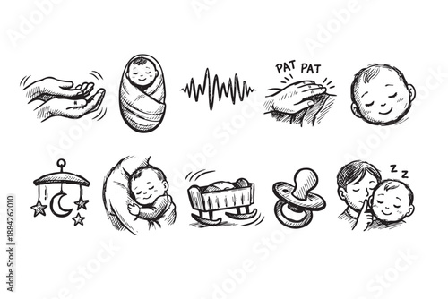 A collection of black and white hand-drawn baby care icons featuring a swaddled newborn, crib, pacifier, parental hands, and musical notes, ideal for illustrating childcare services.