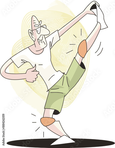 Active Senior Man Stretching and Doing Yoga Exercise, Healthy Aging and Fitness for Elderly Illustration