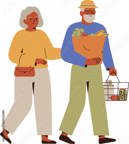 Happy Senior African American Couple Walking Together with Grocery Bags and Healthy Food, Flat Illustration