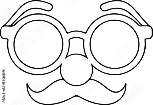 Disguise Glasses and Mustache Icon, Minimal black line icon of disguise glasses with nose and mustache, representing humor, anonymity, prank, or costume concepts in simple style.

