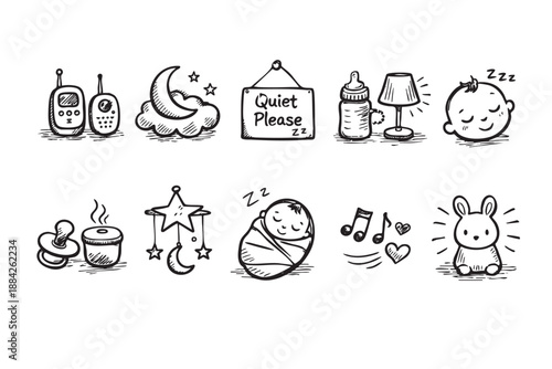 A hand-drawn collection of monochrome doodle icons illustrating essential baby care items, sleep symbols, and peaceful nursery elements, perfect for various child-related design projects.