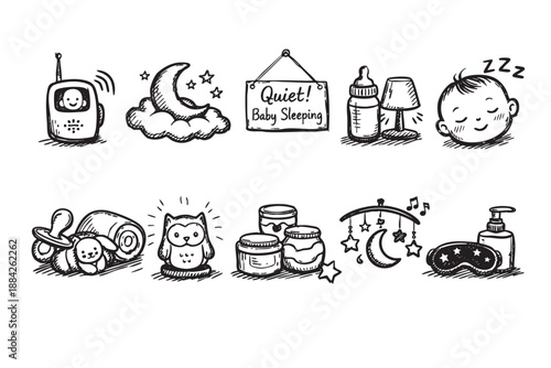 Charming hand-drawn collection of baby sleep and nursery essentials icons, depicting pacifiers, monitors, night lights, and sleeping babies in a peaceful, doodle style, ideal for parenting content.