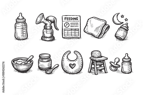 Charming hand-drawn, black and white illustrations depict essential newborn feeding and care items including bottles, breast pump, high chair, and feeding schedule, in a delightful doodle style.